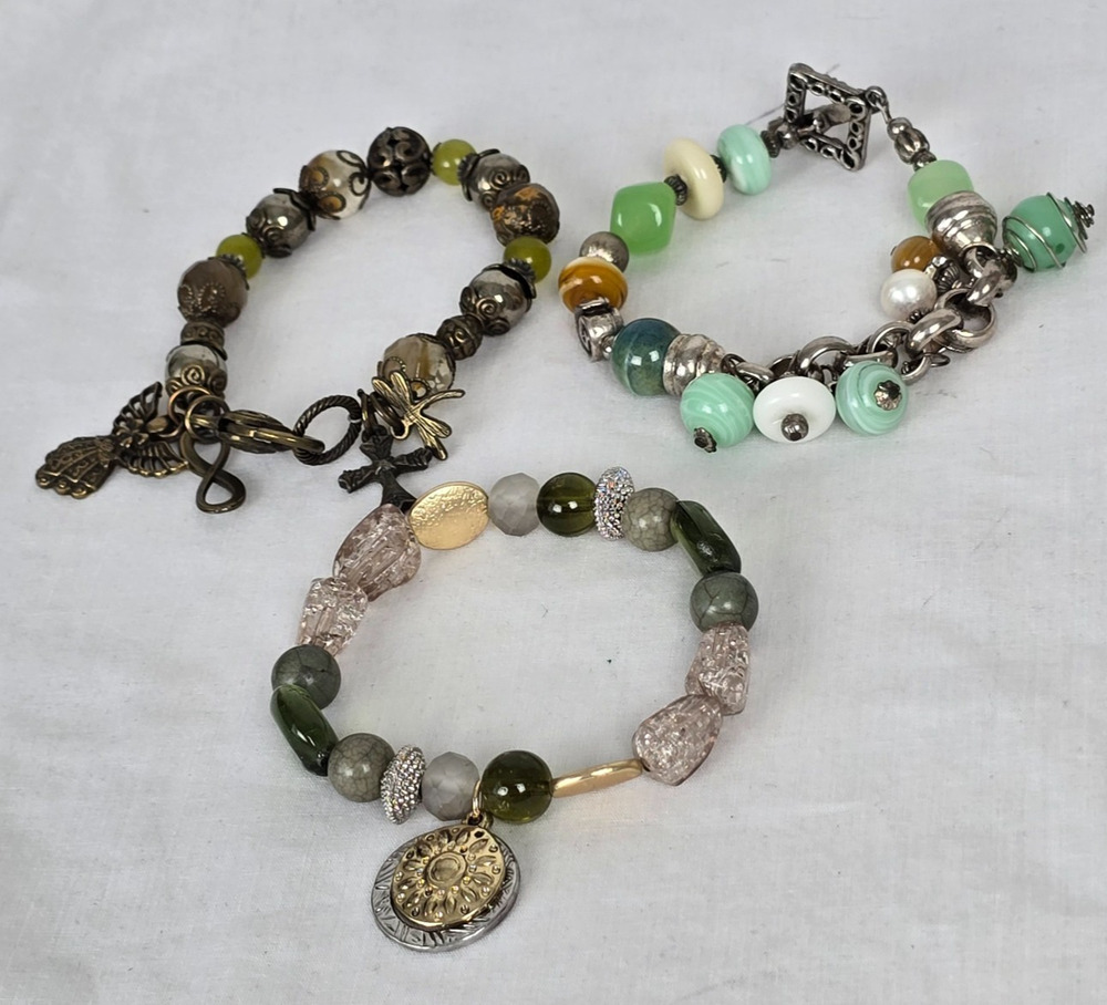 Beaded & Charm Bracelet Bundle of 3 Pieces Multi-Color Green Brown Tones